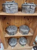 SIX EASTERN METAL SPICE BOXES.