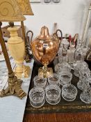 A COPPER SAMOVAR, VARIOUS DECANTERS AND OTHER GLASSWARE.