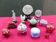 ORIENTAL CARVED JADE SMALL SCREENS, A HARDSTONE TEAPOT, COCKEREL, A HEREND SMALL BOX ETC.
