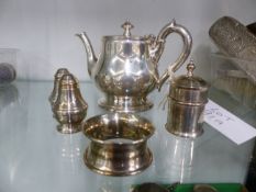 A SILVER PEPPER AND SALT, A SILVER NAPKIN RING, AN ELECTROPLATE TEA POT AND A CASTER