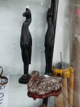A PAIR OF BLACKWOOD CARVINGS OF DUCKS, AN ORIENTAL PUDDING STONE CARVING