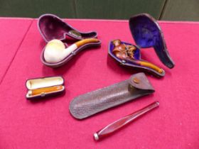 TWO MEERSCHAUM CASED PIPES AND TWO CHEROOT HOLDERS, ONE WITH 9ct HALLMARKED COLLAR THE OTHER STAMPED