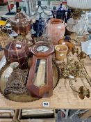 AN ANTIQUE OIL LAMP, COPPER TEA URN, A PAIR OF WALL CANDLE SCONES, A CLOCK ETC.