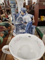 A BLUE AND WHITE BAKER FIGURINE, A PLANT STAND, AND A CHAMBER POT.