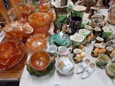 A QUANTITY OF CARNIVAL GLASS, HORNSEA AND OTHER DECORATIVE CHINA WARES.