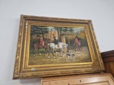 A LARGE GILT FRAMED OIL ON CANVAS PAINTING OF HUNTSMEN AND HOUNDS.