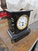 A VICTORIAN BLACK SLATE AND MARBLE CLOCK.