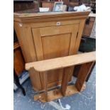 A VICTORIAN PINE CORNER CABINET AND A WALL SHELF.