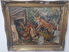 FOX AND HENS. OIL ON CANVAS.SIGNED G TAYLOR.