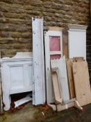 A SMALL PAINTED PINE ARMOIRE FOR RESTORATION TOGETHER WITH A SIMILAR SINGLE BED FRAME.