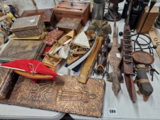 AN ANTIQUE CORRESPONDENCE BOX, AFRICAN AND OTHER WOODEN WARES ETC.