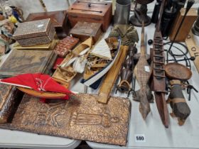 AN ANTIQUE CORRESPONDENCE BOX, AFRICAN AND OTHER WOODEN WARES ETC.