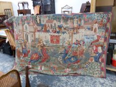 A DECORATIVE TAPESTRY STYLE FRENCH HANGING OF MEDIEVAL DESIGN 190 x 265 cm