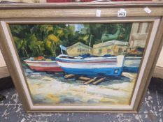 OIL ON CANVAS OF BEACHED BOATS. SIGNED B. NICHOLS.