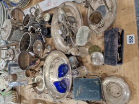 A QUANTITY OF SILVER PLATED WARES, VINTAGE DRESS WATCHES, TWO DESK CLOCKS ETC.