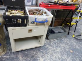 A CANON STEEL CABINET, A PAIR OF FOLD DOWN WOODWORKING TRESTLES AND A BOX OF TOOLAGE.