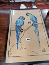 A MONOTYPE PRINT OF TWO PARROTS.