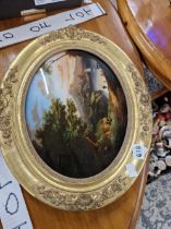 ITALIAN SCHOOL, REVERSE PAINTING ON GLASS, LAKE BEFORE A CASTLE, IN GILT FRAME.