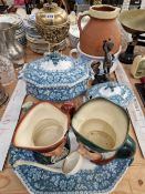 THREE DOULTON CHARACTER JUGS, A BRASS TABLE LAMP, BURGESS AND LEIGH DINNER WARES, A CHAMBER POT,