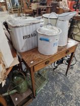 A COLLECTION OF ENAMEL WARES AND BIRD CAGES.