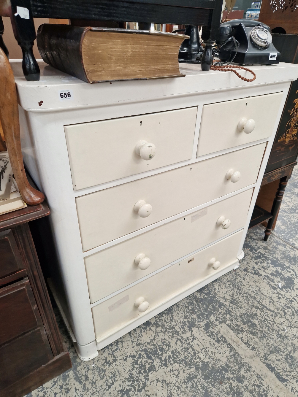 A PAINTED VICTORIAN CHEST AND AN OCCASIONAL TABLE.