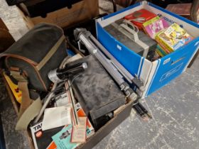 A VINTAGE PROJECTOR WITH DISNEY CARTOONS ETC, TOGETHER WITH CAMERAS AND ACCESSORIES.