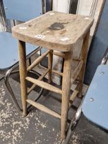 A RUSTIC BAR STOOL.