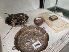 TWO WHITE METAL BOWLS, DRESS JEWELLERY, A MIDDLE EASTERN COPPER BOX, ETC