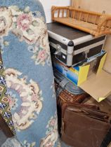 A BOXED ASTRONOMICAL TELESCOPE, A CAMERA CASE, RUG, BRIEF CASES, PICK NIK AND OTHER BASKETS,