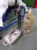 A BIRD CAGE TEA LIGHT HOLDER, A CAST METAL SCULPTURE OF A VIOLINIST AND A PLATED SERVING DISH.