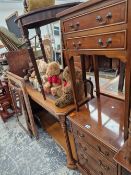A YEW WOOD TWO DRAWER SIDE TABLE, A CABINET AND A HALL TABLE.
