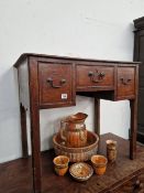 A GEORGE III OAK LOWBOY TOGETHER WITH AN ANTIQUE DRESSING STOOL.