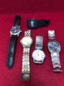 FIVE VARIOUS WRIST WATCHES TO INCLUDE KENNETH COLE, CASIO, CITIZEN, MERCEDES, AND JEAN PAUL SUCHEL.