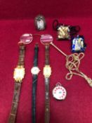 A LADIES LONGINES WRIST WATCH, AN OMNIA FOB WATCH AND A PAIR OF LADIES AND GENTS CHARLES DELON DRESS