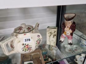 A SMALL TOBY JUG, A CORNISH VASE, AND A TEAPOT.