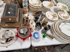 A QUANTITY OF VICTORIAN MEAT PLATTERS, A POTTERY PART DINNER SERVICE, CHARACTER JUGS, TWO BIBLES, AN