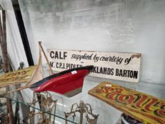 THREE PAINTED WOOD SIGNS TOGETHER WITH A POND YACHT