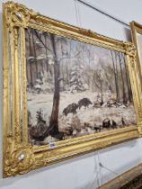 OIL ON CANVAS SIGNED INDISTINCTLY WILD BOAR IN A SNOWY LANDSCAPE. 55 x 76cms