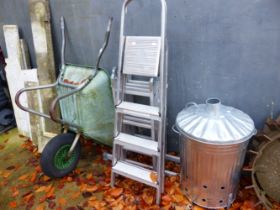 A FOLDING ALUMINIUM LADDER, A STEP LADDER, AN INCINERATOR, A WHEEL BARROW AND A SPIRIT LEVEL.