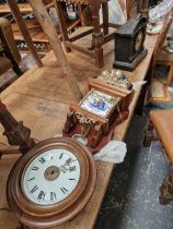 TWO WALL CLOCKS AND A MANTLE CLOCK.