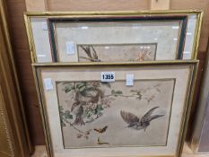 A PAIR OF ANTIQUE FRENCH PRINTS OF BIRDS TOGETHER WITH OIL ON CANVAS OF A LONDON SCENE A A