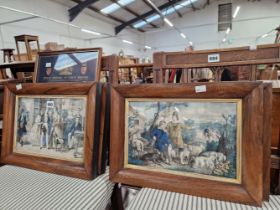 A SET OF FOUR ROSEWOOD FRAMED PRINTS AND A COIN DISPLAY.