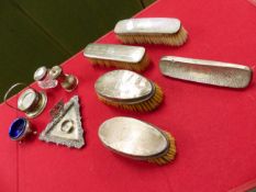 A HALLMARKED SILVER BASED INK STAND, A SILVER SALT, BACKED DRESSING TABLE BRUSHES, A PEPPER GRINDER,