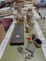 A GROUP OF SILVERPLATED WARES AND BULLSEYE CLOCK ETC.