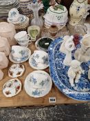 FOUR FRENCH DECORATIVE MOULDS, A BLUE AND WHITE PLATTER, DECORATIVE CHINA ETC.