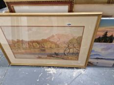 A WATERCOLOUR OF A RIVER SCENE TOGETHER WITH FOUR OTHER FRAMED AND LOOSE PRINTS AND OIL ON CANVAS (