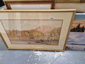 A WATERCOLOUR OF A RIVER SCENE TOGETHER WITH FOUR OTHER FRAMED AND LOOSE PRINTS AND OIL ON CANVAS (