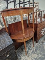 A PAIR OF MAHOGANY DEMI LUNE SIDE TABLES.