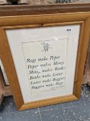 AN 18th CENTURY PROVERB IN A PINE FRAME.