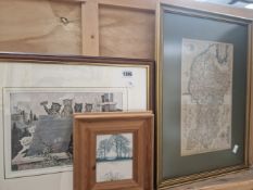 THREE LOUIS WAIN PRINTS AND AN 17TH CENTURY MAP.BY SAXTON